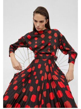 SFERA Red Black Geometric Polka Dot Pleated Long Sleeve Belted Maxi Dress